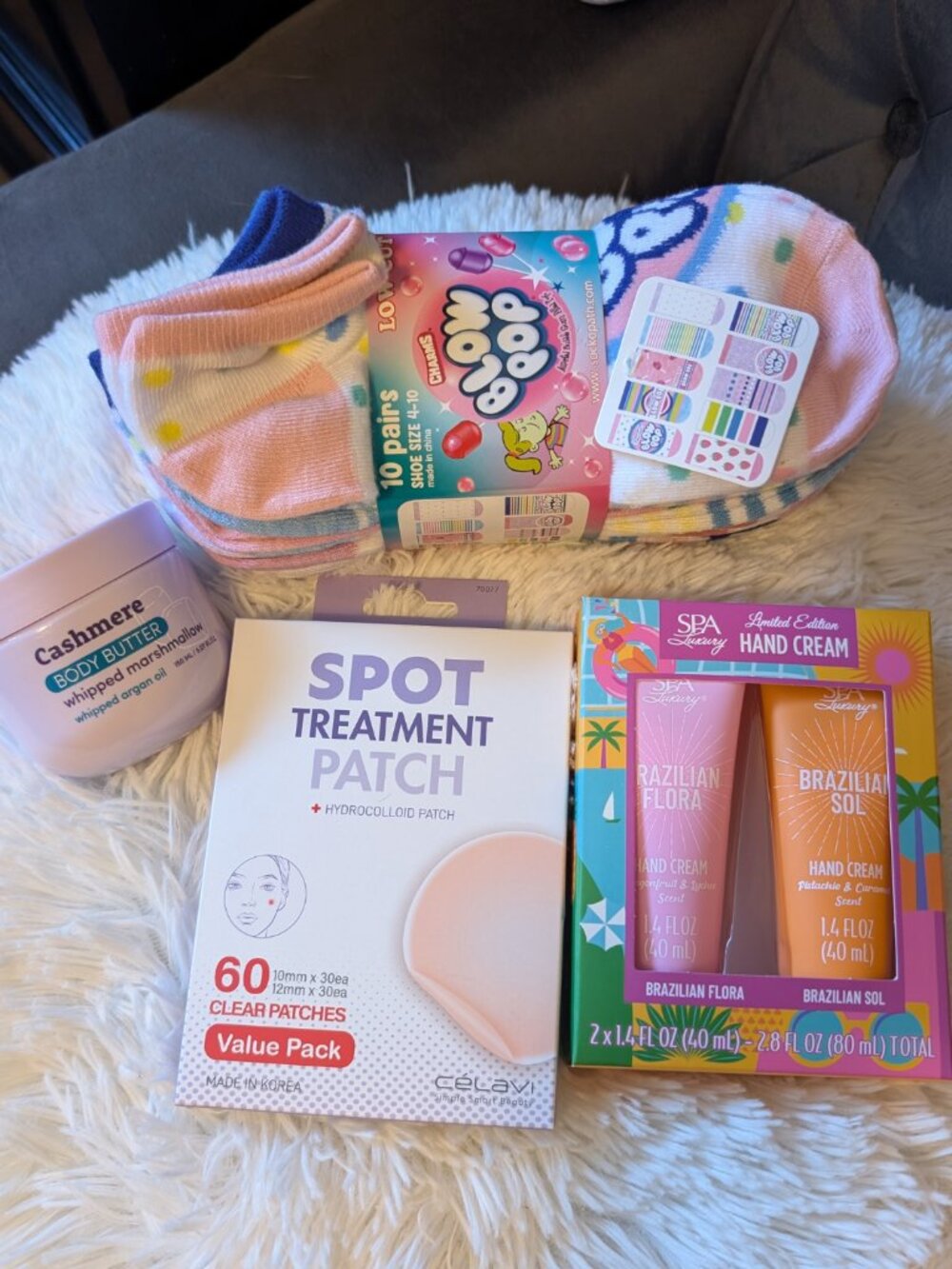 4 Item Beauty Bundle | 10 Pk Socks, Body Butter, 60 Pk Patches & Hand Cream Set